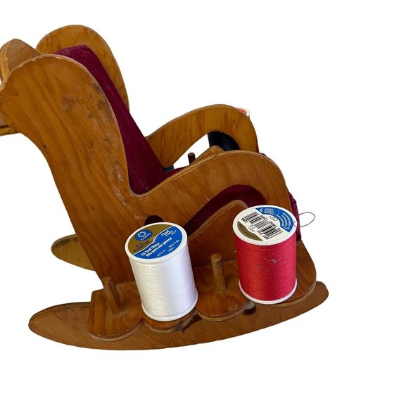 Vintage ROCKING CHAIR Pin Cushion Handmade Spool Holder Caddy 9"H x 8.5"D x 7"W - Picture 2 of 7